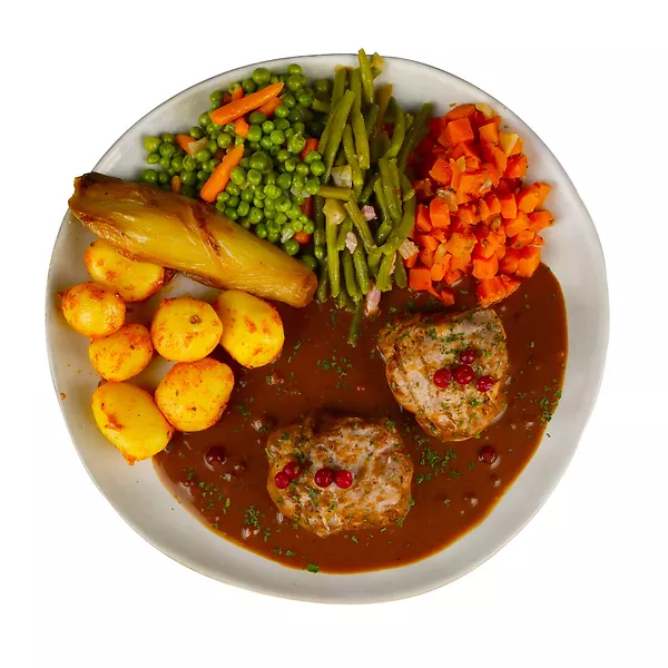 Kalkoennootjes met grand-veneursaus, warme groenten & aardappelgarnituur